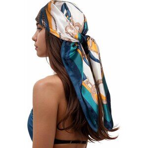 Women's Tan Navy Head Scarf Like Silk Printed Square Hair Bandanas 35 Inches